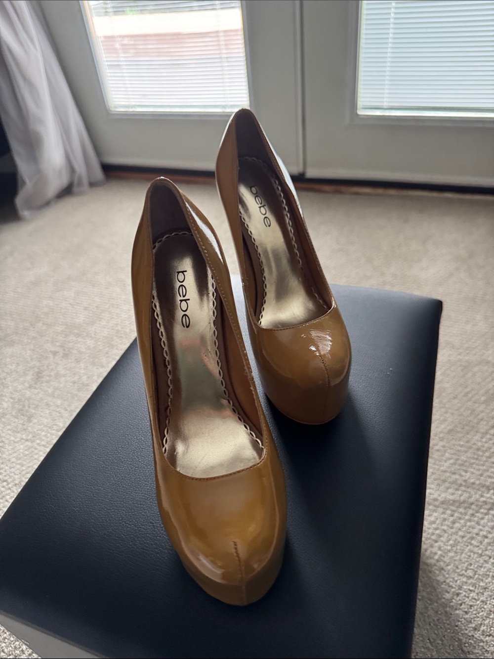 bebe Cognac Patent Leather Platform Pumps
